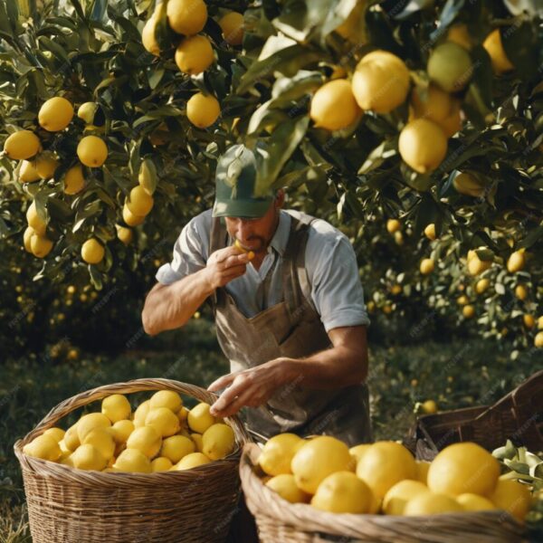 Un homme sous un citronnier qui sens des citrons