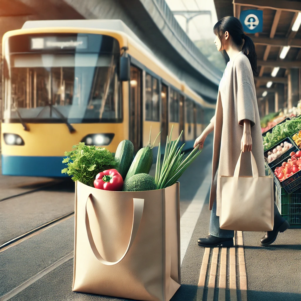 Personne utilisant les transports en commun, portant un sac de légumes frais du marché local, dans un cadre urbain.